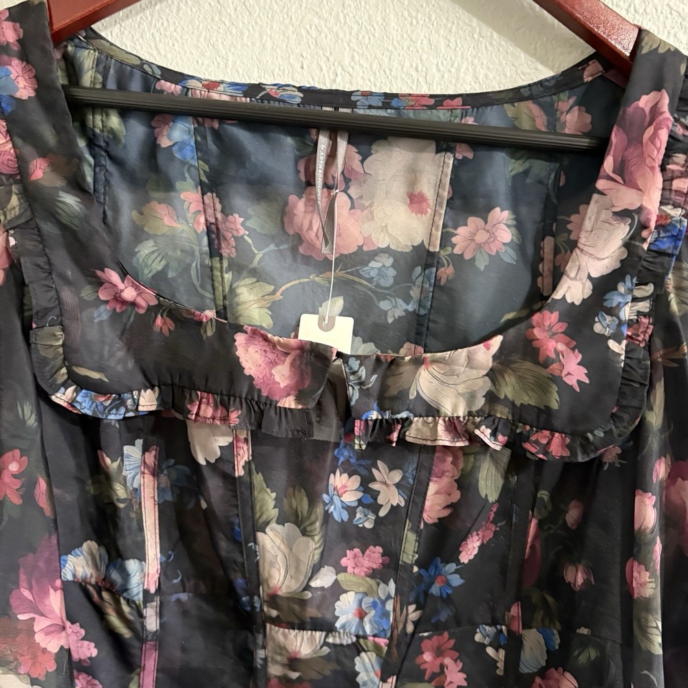 NWT Anthropologie Black Floral Corset Blouse Size M Sheer Puff Sleeve Ruffle Top - Picture 8 of 16